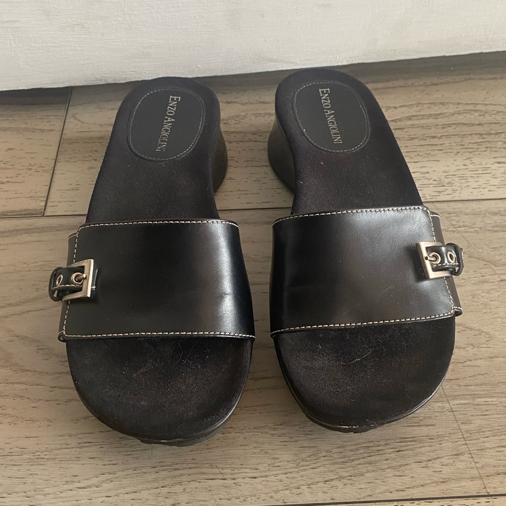 Enzo Angiolini Black Slip-On Wedge Sandals